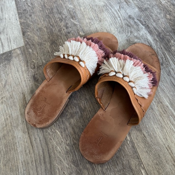 Frye Riley Tassel Slide Leather Sandal - Tan w/Multicolor Fringe - Picture 2 of 7